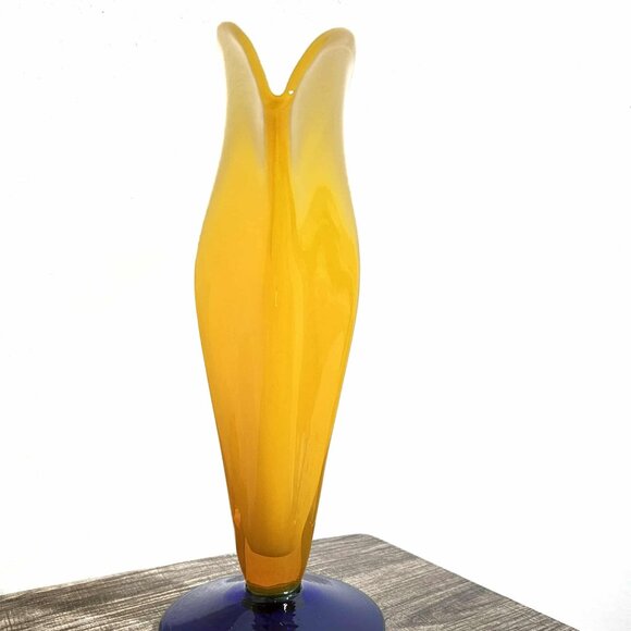 Vtge Blenko Glass Millennium Opaline Yellow Cobalt 12.25” Label Signed Fan Vase - Picture 2 of 7